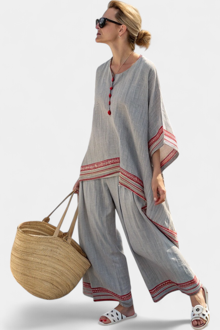 Rossella – asymmetrische Bluse aus edlem Stoff und weite ethnische Hose