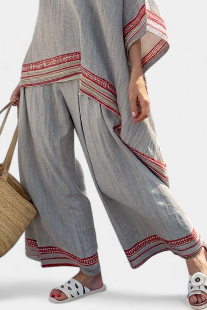 Rossella – asymmetrische Bluse aus edlem Stoff und weite ethnische Hose