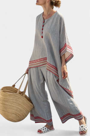 Rossella – asymmetrische Bluse aus edlem Stoff und weite ethnische Hose