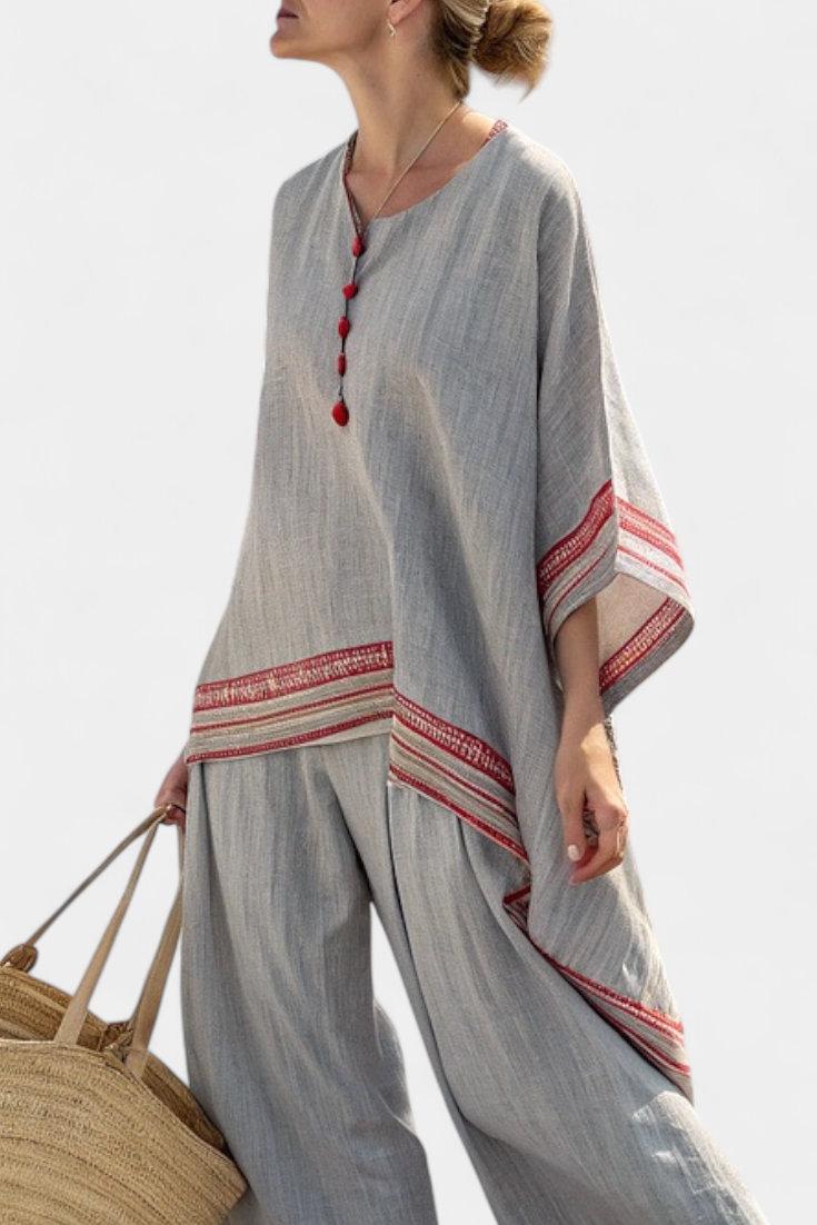Rossella – asymmetrische Bluse aus edlem Stoff und weite ethnische Hose